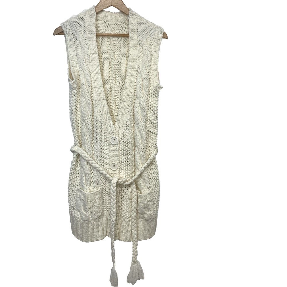 Chunky Sweater‎ Woman Medium Fisherman Button Up Sleeveless Tie Y2K 90s Boho